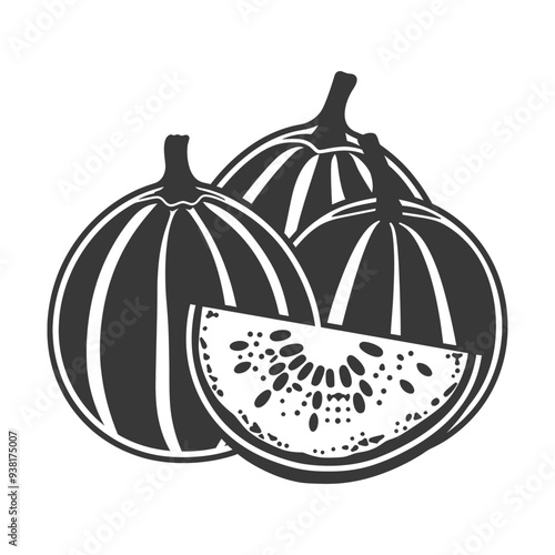 Black and White Illustration of Whole and Sliced Watermelon