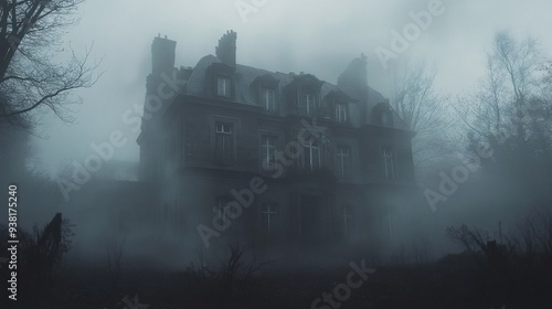 Eerie Haunted Mansion Enshrouded in Dense Fog with Mysterious something