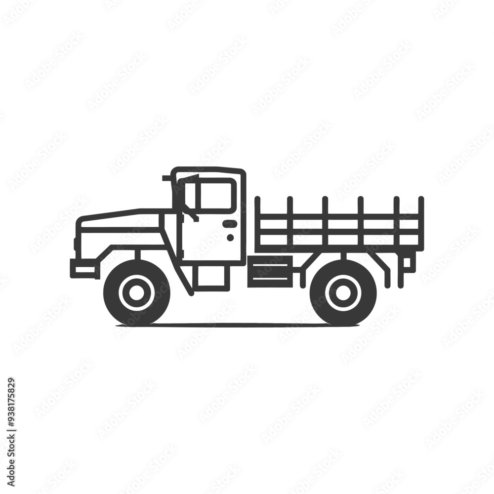Black and White Line Art Illustration of a Flatbed Truck Black and White Line Art Illustration of a Flatbed Truck