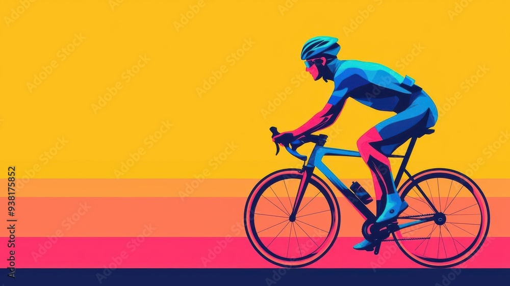 Fototapeta premium A vibrant illustration of a cyclist riding against a colorful sunset backdrop, showcasing energy and movement.