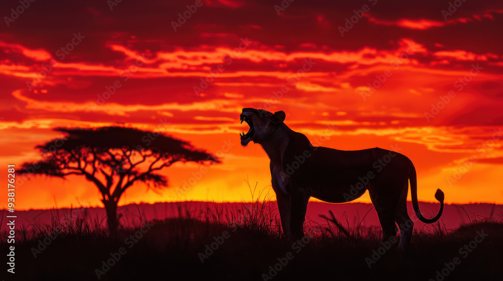 A roaring lioness silhouetted against a vibrant, fiery sunset, her figure sharply defined by the backlight A roaring lioness silhouetted against a vibrant, fiery sunset, her figure sharply defined by the backlight