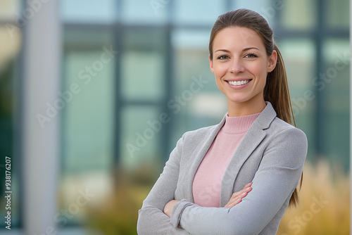 A portrait of an attractive woman in her late thirties, smiling and standing with arms crossed against the backdrop of a modern office building