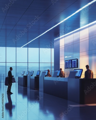 Modern Airport Check-in:  A sleek and modern airport check-in area with a minimalist design and futuristic lighting. A businessman with a suitcase stands near the counter, while passengers check-in at