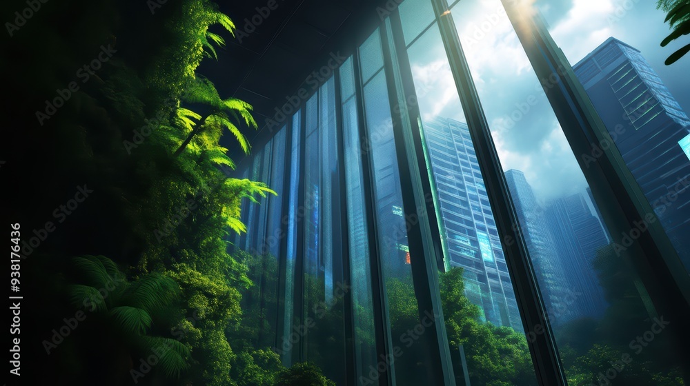 A lush green environment blends with modern skyscrapers, showcasing the harmony between nature and urban architecture. A lush green environment blends with modern skyscrapers, showcasing the harmony between nature and urban architecture.