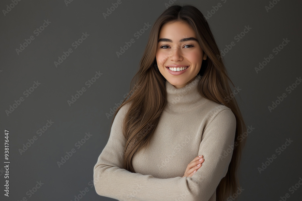 Obraz premium A portrait of an attractive woman in her late thirties with long brown hair, smiling and wearing a white turtleneck sweater, posing for a photo in an arms crossed