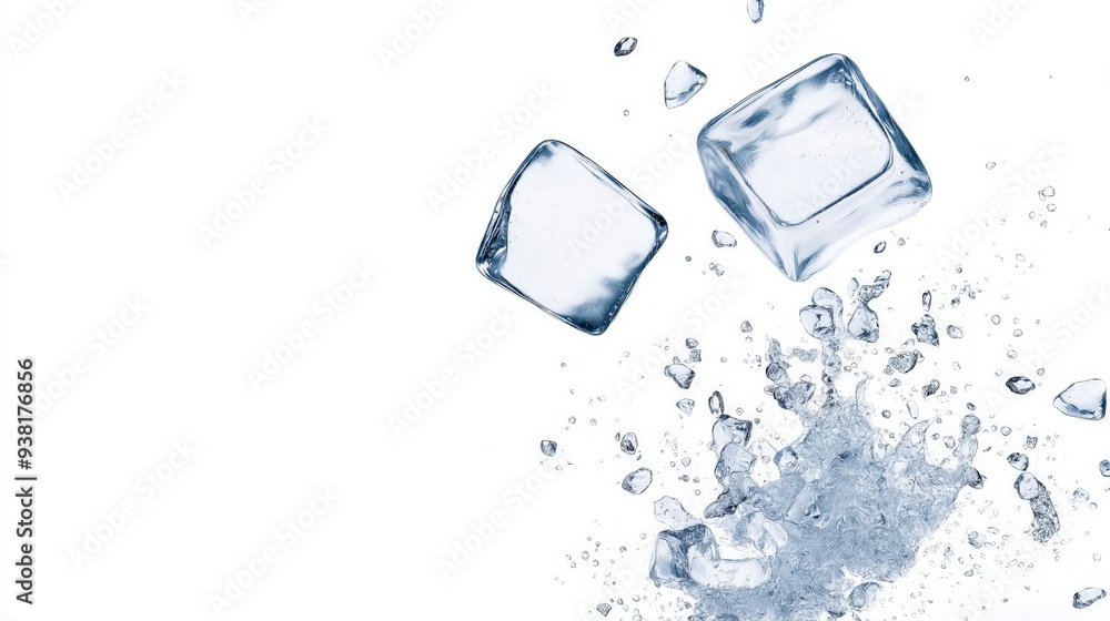 Two ice cubes falling into water with splashes isolated on a white background. Two ice cubes falling into water with splashes isolated on a white background.