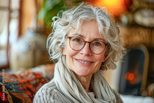 Cheerful Senior Woman with Short White Hair and Spectacles in Cozy Home Setting