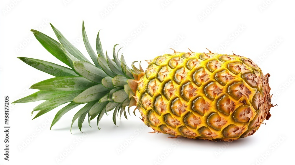 A whole pineapple with green leaves isolated on a white background. A whole pineapple with green leaves isolated on a white background.
