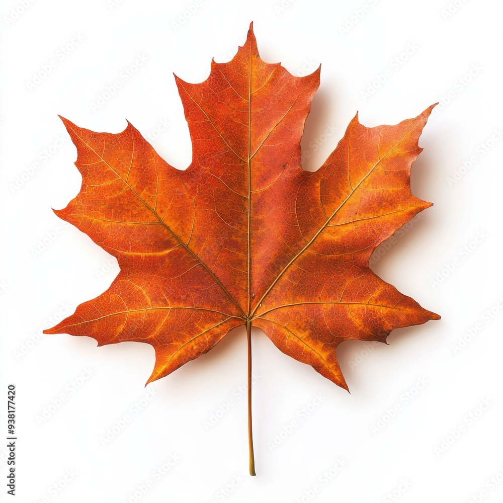 Obraz premium Autumnal Maple Leaf: A vibrant, close-up view of a single maple leaf, showcasing its intricate details and rich autumnal hues. The leaf stands out against a clean white background