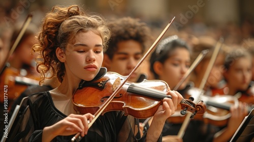 Orchestral beauty unfolds during a captivating performance in a grand concert hall filled with talented musicians. Generative AI