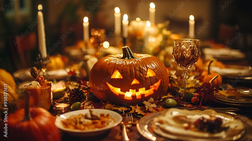 Illuminated Jack-o'-Lantern on a Festive Fall Table Illuminated Jack-o'-Lantern on a Festive Fall Table