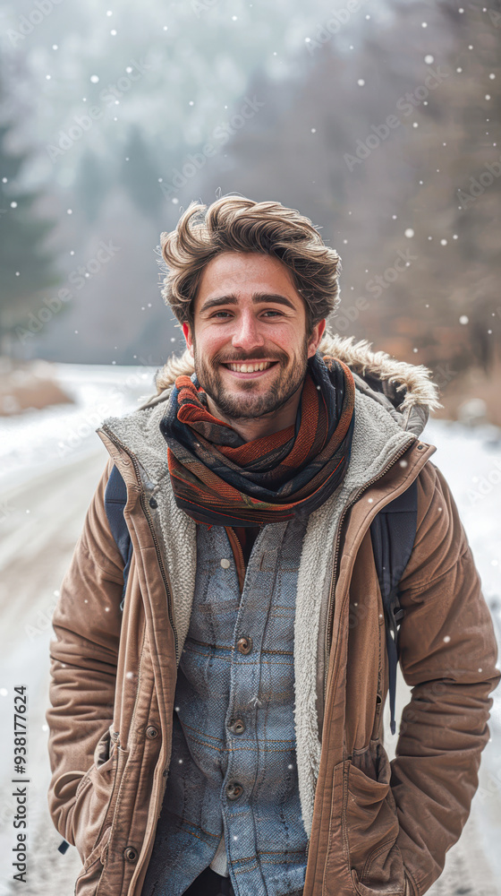 A man wearing a brown jacket and scarf is smiling and posing for a picture A man wearing a brown jacket and scarf is smiling and posing for a picture