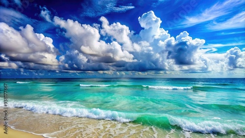 Calm turquoise ocean waves gently lap against the shore under a vast sky with fluffy white clouds drifting lazily across the serene blue horizon. photo