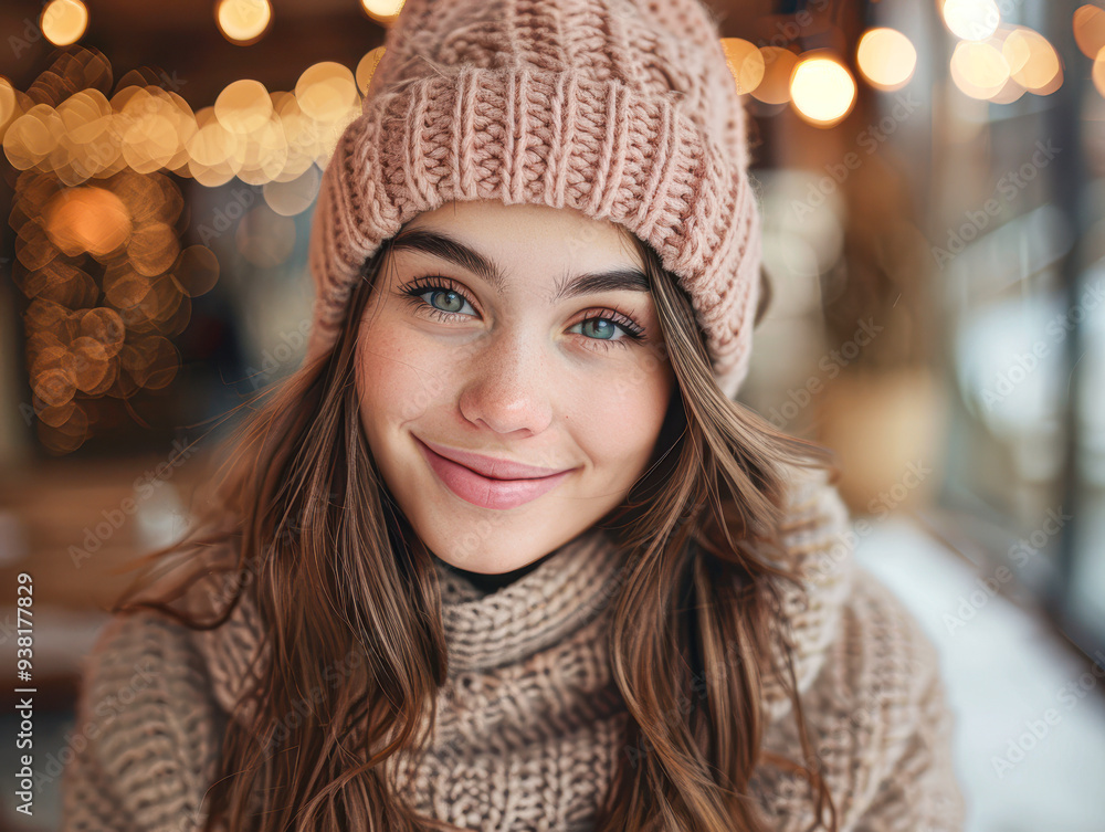 Cheerful Teenage Girl in Stylish Winter Outfit Smiling in Close-up Shot with Cozy Background Cheerful Teenage Girl in Stylish Winter Outfit Smiling in Close-up Shot with Cozy Background