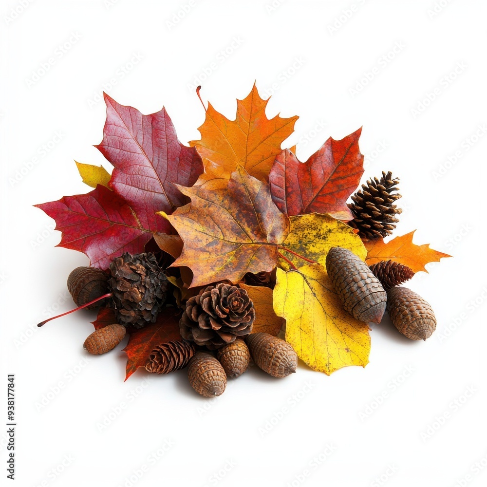 Autumn's Warm Embrace: A vibrant tableau of colorful maple leaves and pine cones evokes the cozy spirit of fall. Autumn's Warm Embrace: A vibrant tableau of colorful maple leaves and pine cones evokes the cozy spirit of fall.