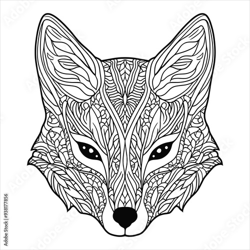 Coloring page for adult, Fox head clean line art vector illustration. High-resolution download suitable for both kids and adults