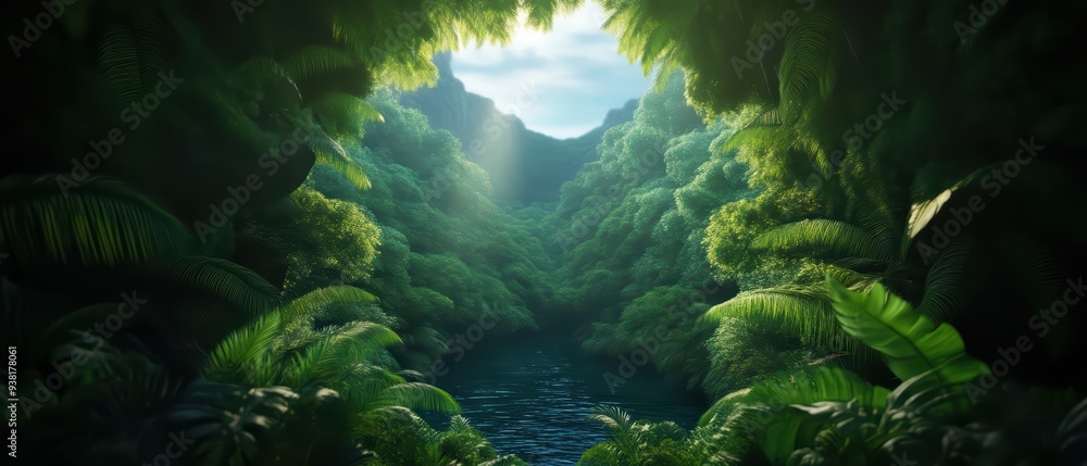 A serene view of lush greenery surrounding a tranquil river, illuminated by soft sunlight breaking through the canopy.