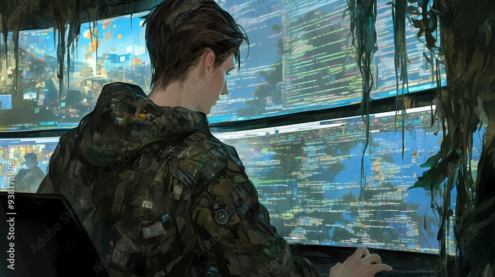Male hacker immersed in coding, surrounded by multiple screens and a digital jungle setting. Male hacker immersed in coding, surrounded by multiple screens and a digital jungle setting.