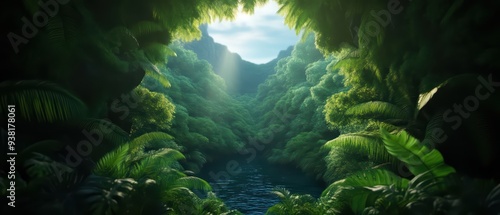 A serene view of lush greenery surrounding a tranquil river, illuminated by soft sunlight breaking through the canopy.