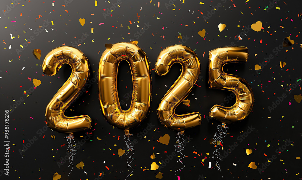 Gold Foil Balloons Forming 2025 with Confetti for Festive and New Year Celebrations Gold Foil Balloons Forming 2025 with Confetti for Festive and New Year Celebrations