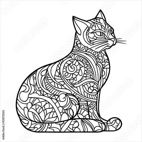 Animal cat Sketch for anti-stress adult coloring book in zen-tangle style. Vector illustration for coloring page.