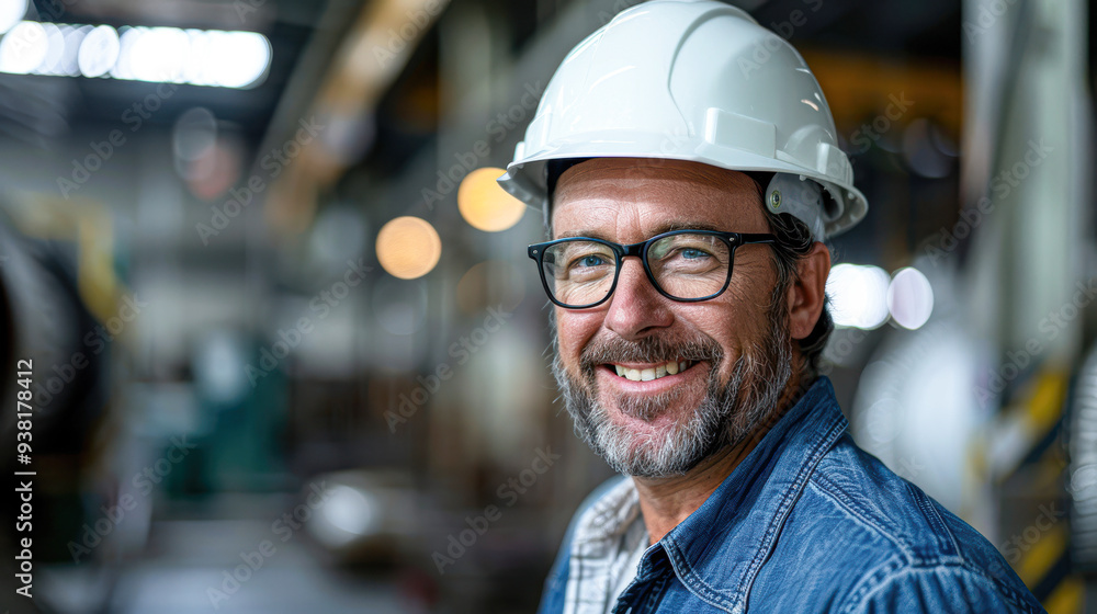 Confident Caucasian Architect in Hard Hat at Modern Manufacturing Facility Close-up Portrait with Industrial Background Confident Caucasian Architect in Hard Hat at Modern Manufacturing Facility Close-up Portrait with Industrial Background