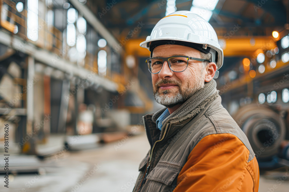 A man wearing a hard hat and safety glasses stands in front of a building A man wearing a hard hat and safety glasses stands in front of a building