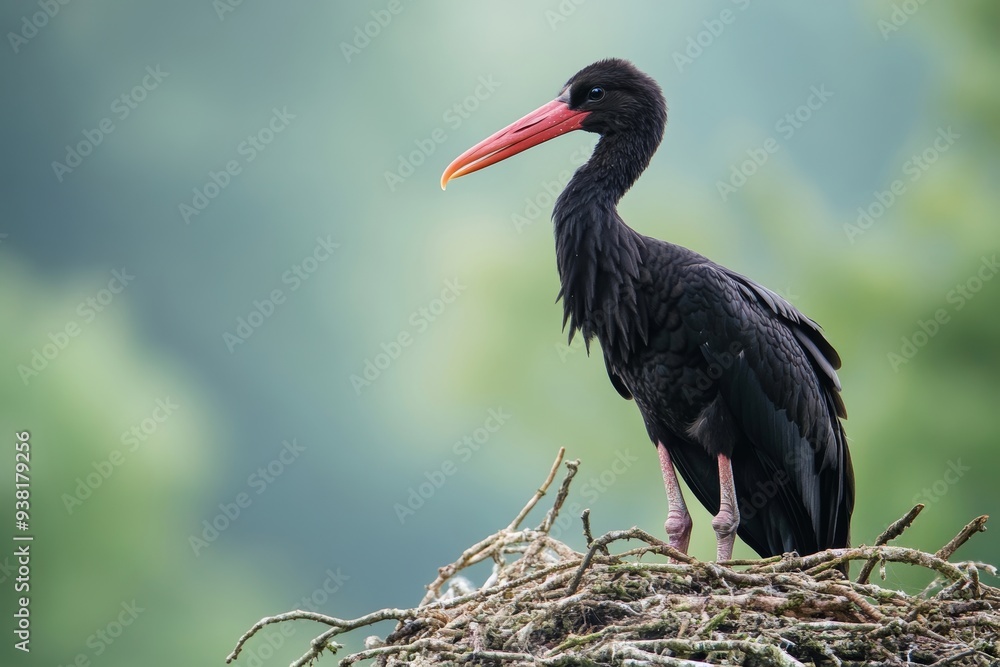 Fototapeta premium Black stork (Ciconia nigra) in the nature with a blurred background.