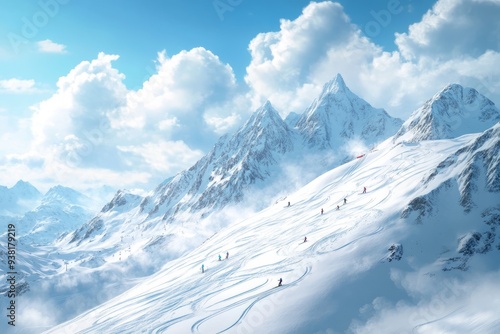 An action-packed and energetic scene of a snowy mountain with ski tracks and people skiing, capturing the thrill and excitement of winter sports