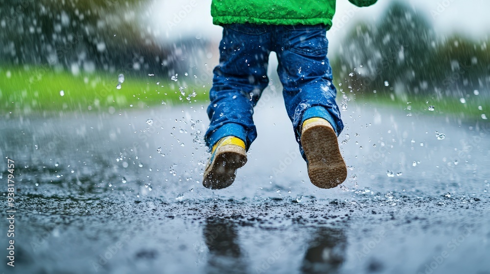 A child jumps in a puddle on a rainy day, splashing water, wearing blue jeans, green jacket, and yellow boots. A child jumps in a puddle on a rainy day, splashing water, wearing blue jeans, green jacket, and yellow boots.