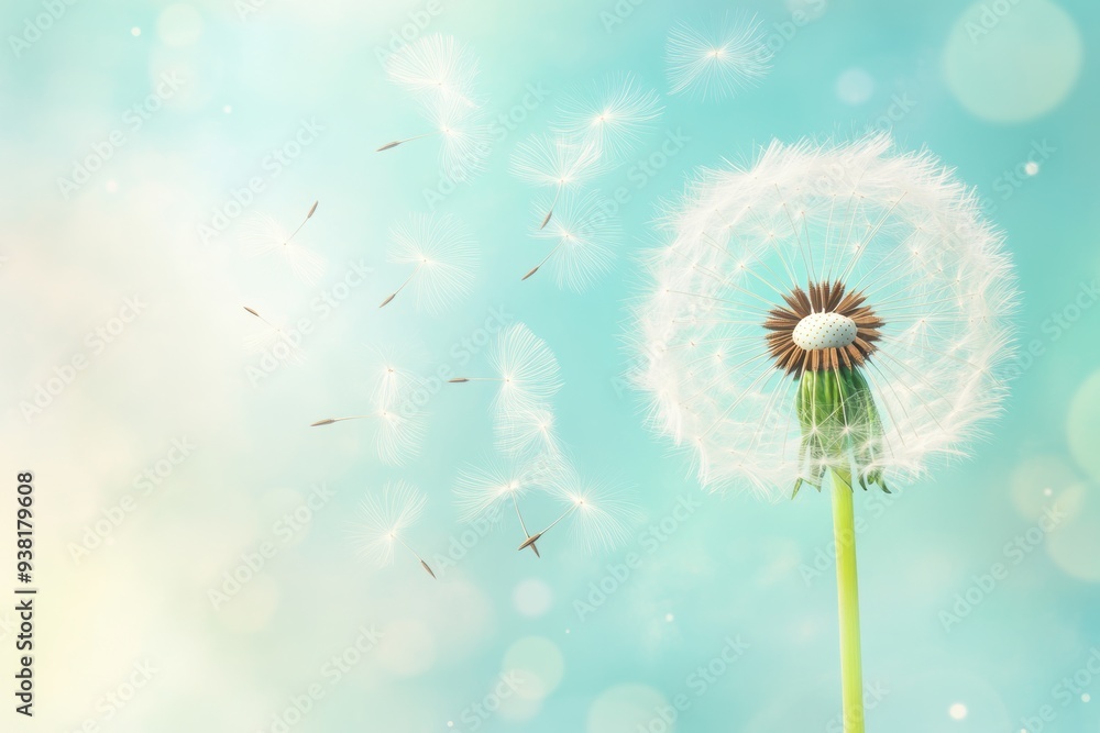 Serene dandelion seeds dispersing in the gentle breeze Serene dandelion seeds dispersing in the gentle breeze