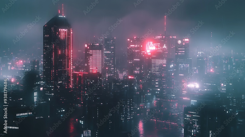 Fototapeta premium Neon Cityscape Under a Rainy Sky