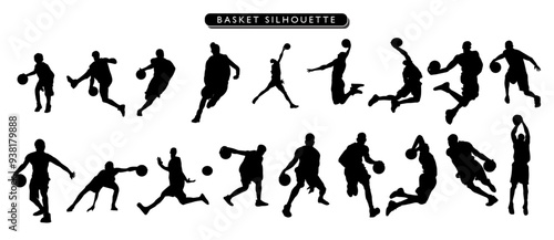 collection of Basket man silhouettes in different posses clipart vector illustrator