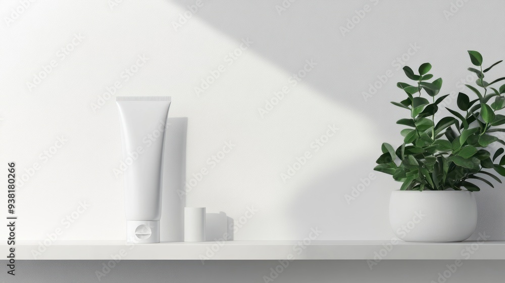 A white tube of lotion sits on a shelf next to a potted plant A white tube of lotion sits on a shelf next to a potted plant