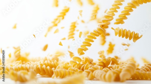 Uncooked fusilli pasta falling against a white background, with a pile of fusilli in the foreground.