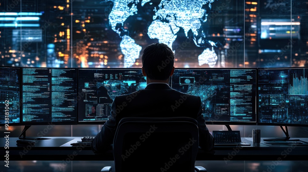 Naklejka premium A cybersecurity expert is monitoring threat detection systems on multiple screens. The high-tech setting features real-time data, alerts, and global threat maps