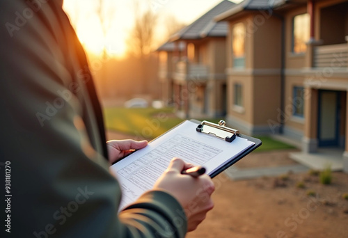 Inspector, engineer, builder, contractor checking list into clipboard for review, inspection consultancy 
 photo