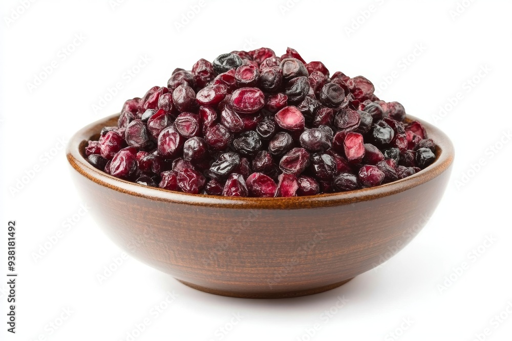 Numerous dried cowberries fill a glossy bowl set against a white background Numerous dried cowberries fill a glossy bowl set against a white background