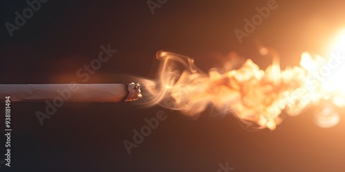 Lit Cigarette Floating in Air with Smoke, Dramatic Lighting and Smoking Concept photo