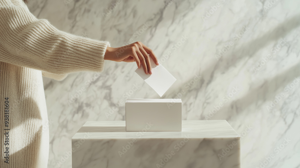 Fototapeta premium A person standing at a ballot box, with their hand held back, symbolizing the decision not to vote.