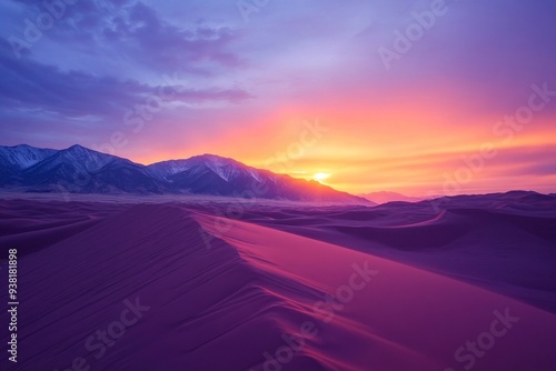 Sand dunes, the sun rises. Mountain with a snow top at the background.