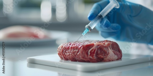 Lab-Grown Meat Steak Under Light on White Table, Innovative Food Science and Sustainable Protein Concept photo