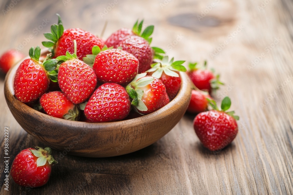 Strawberries spread across a wooden tabletop Strawberries spread across a wooden tabletop