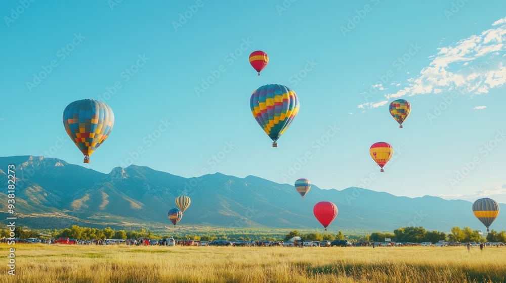Naklejka premium A large group of hot air balloons are flying in the sky over a grassy field