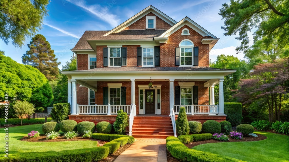 Charming traditional red brick house with white trim, inviting front porch, and lush greenery, set amidst a serene and picturesque suburban neighborhood setting. Charming traditional red brick house with white trim, inviting front porch, and lush greenery, set amidst a serene and picturesque suburban neighborhood setting.