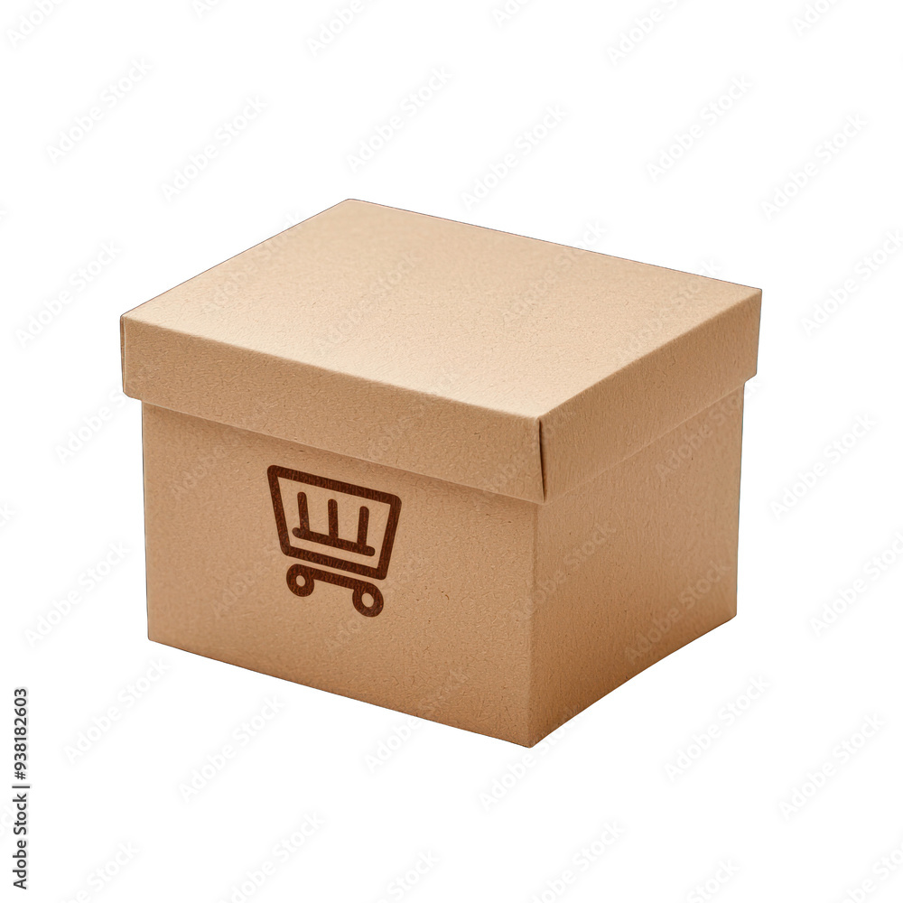 A simple brown cardboard box with a shopping cart icon, perfect for packaging or delivery concepts. transparent background A simple brown cardboard box with a shopping cart icon, perfect for packaging or delivery concepts. transparent background