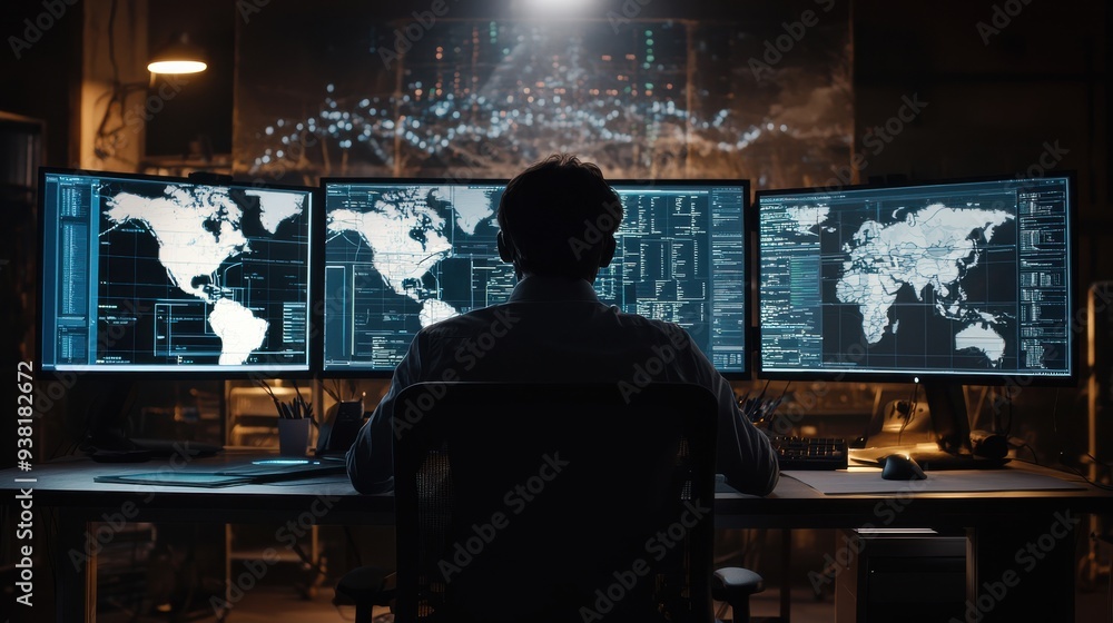 custom made wallpaper toronto digitalA cybersecurity expert is monitoring threat detection systems on multiple screens. The high-tech setting features real-time data, alerts, and global threat maps