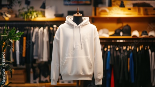 A white hoodie is displayed in a store with a mannequin