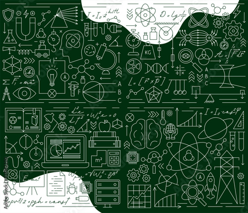 Physics Wall Line Chalkboard Background. Vector Illustration of Education Outline Concept. Linear Laboratory Subject Sign. Optics, Mechanics and Nuclear.