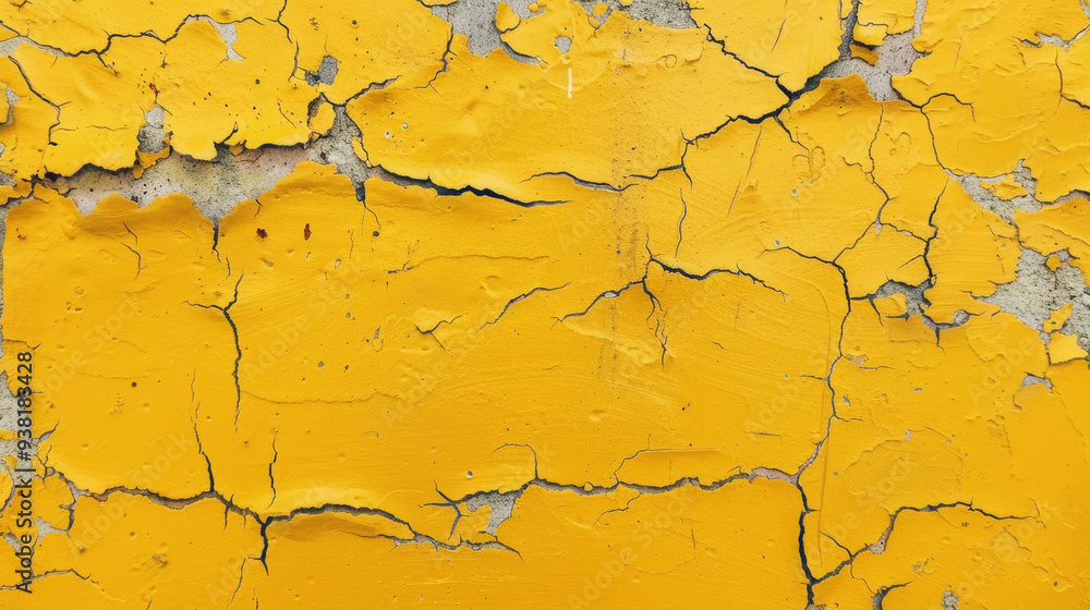 Cracked yellow paint on textured wall creates vibrant yet weathered appearance, evoking sense of age and character. Cracked yellow paint on textured wall creates vibrant yet weathered appearance, evoking sense of age and character.